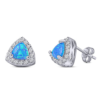 Halo Art Deco Trillion Triangle Stud Earring Lab Created Blue Opal 925 Sterling Silver (9mm)